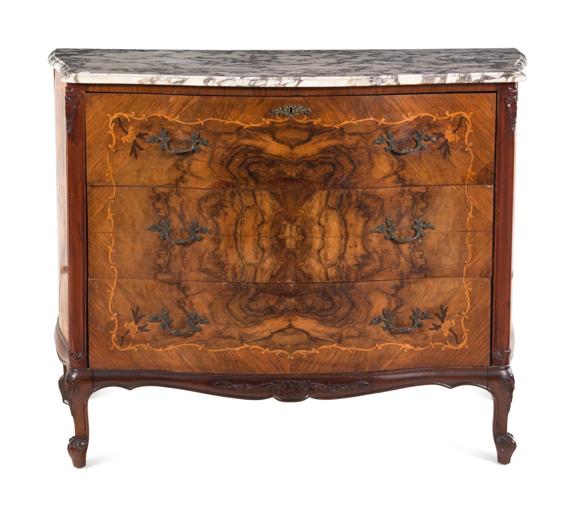 An Italian Marquetry Marble-Top Secretary Commode