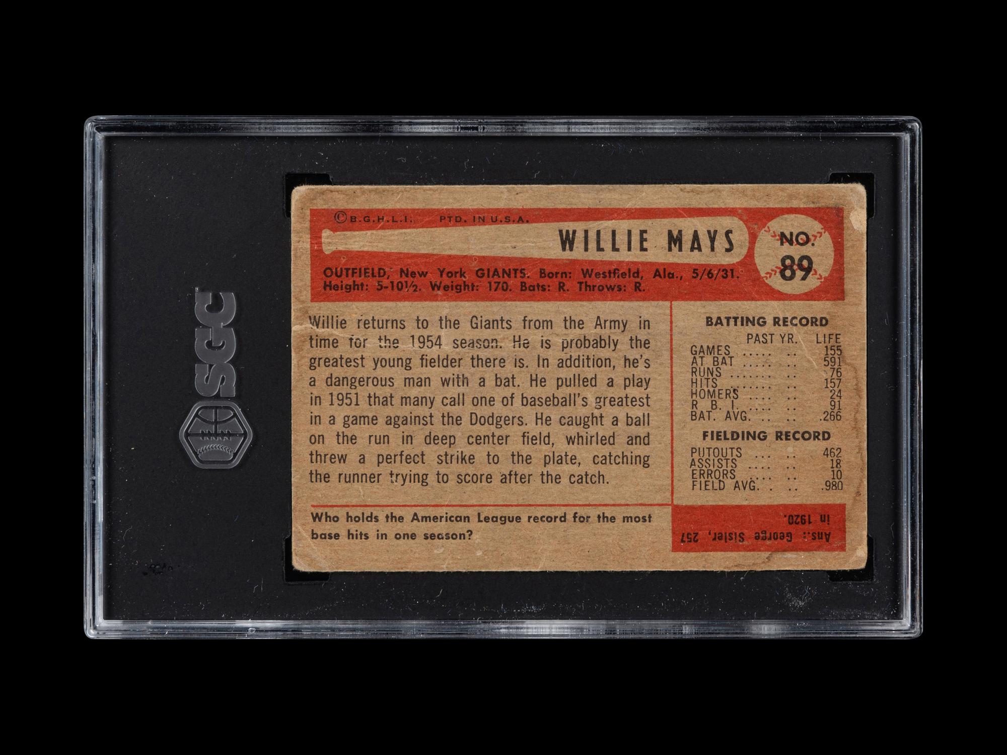 A 1954 Bowman Willie Mays Baseball Card No. 89 (SGC 1)