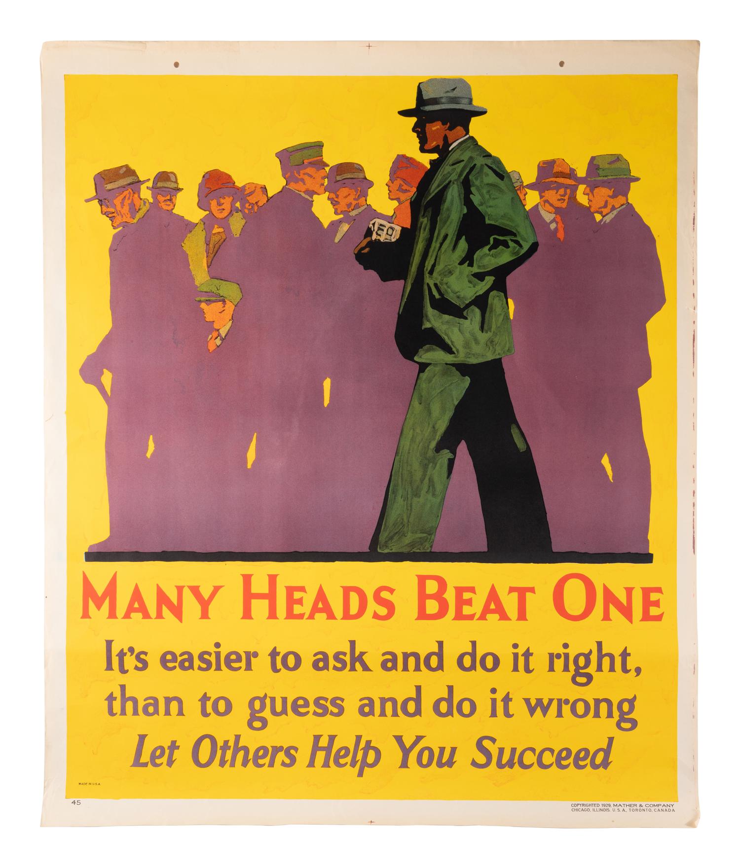 [POSTERS]. Many Heads Beat One. Chicago: Mather & Co., 1929.