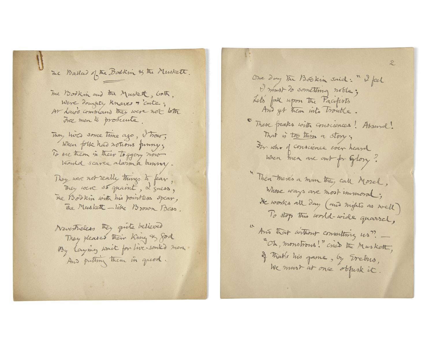 Carpenter, Edward. Autograph Manuscript for "The Ballad of the Bodkin & the Muskett"