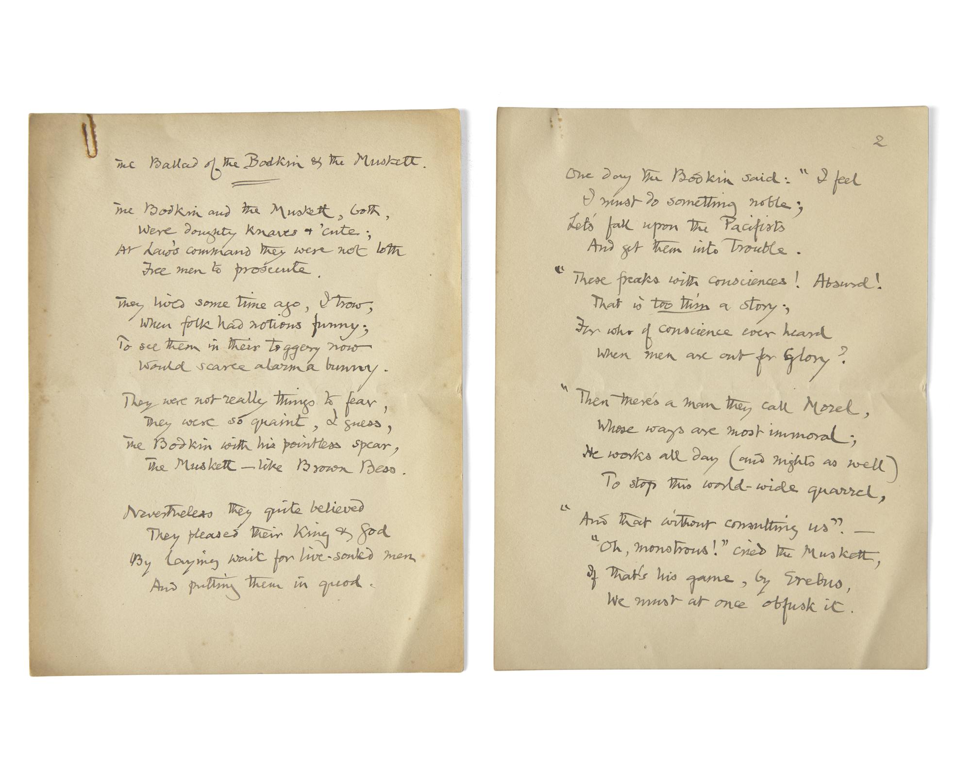 Carpenter, Edward. Autograph Manuscript for "The Ballad of the Bodkin & the Muskett"