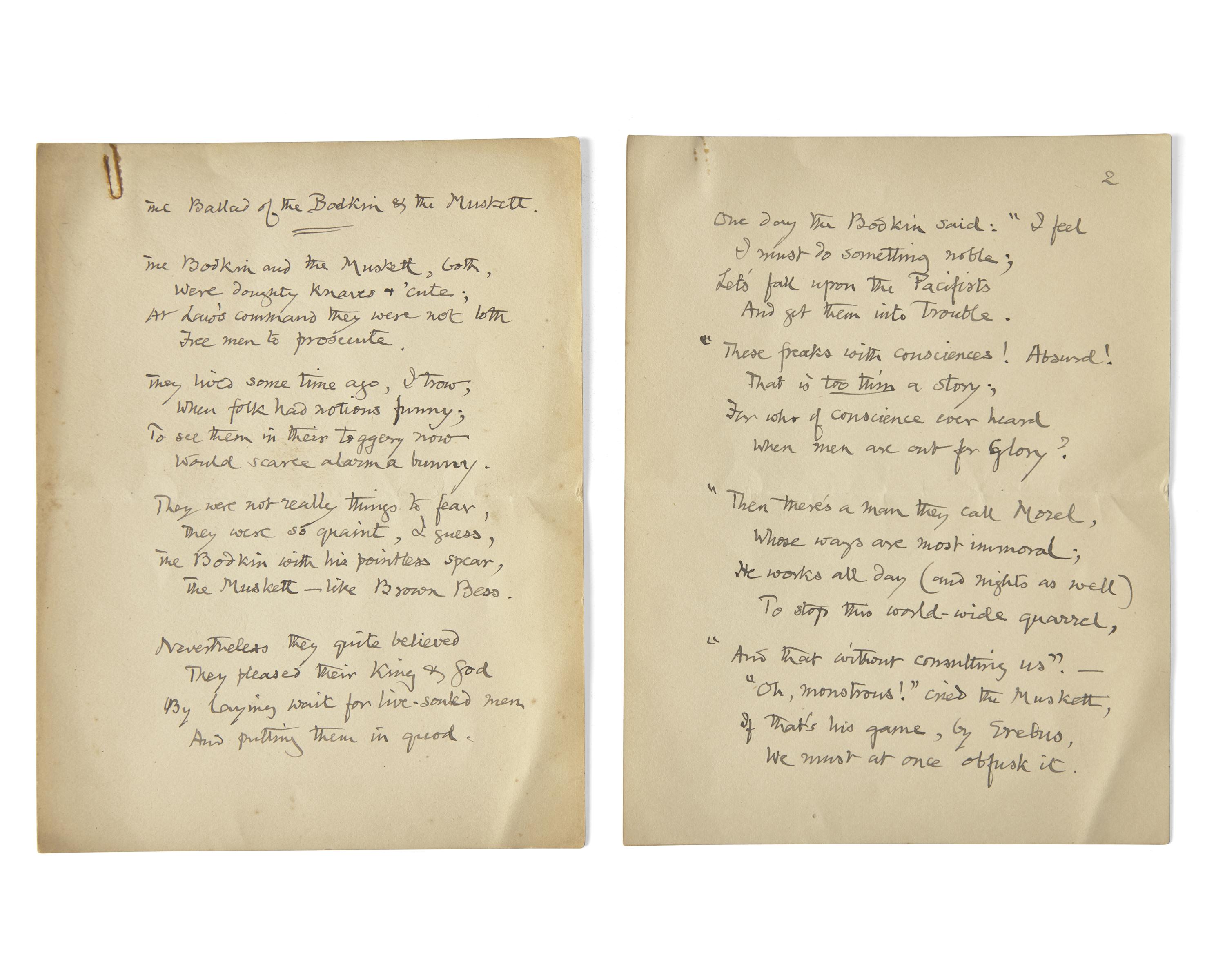 Carpenter, Edward. Autograph Manuscript for "The Ballad of the Bodkin & the Muskett"
