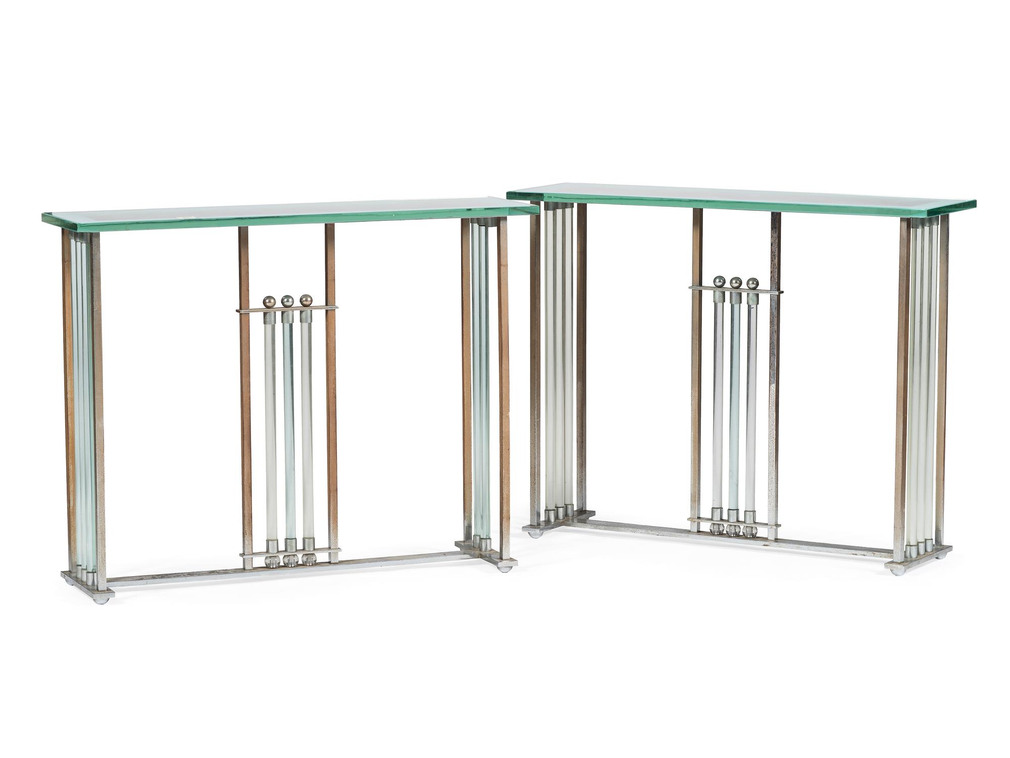 A Pair of Chrome and Glass Console Tables