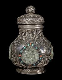 A Mongolian Jade and Hardstone Inset Silver Covered Hu Vessel