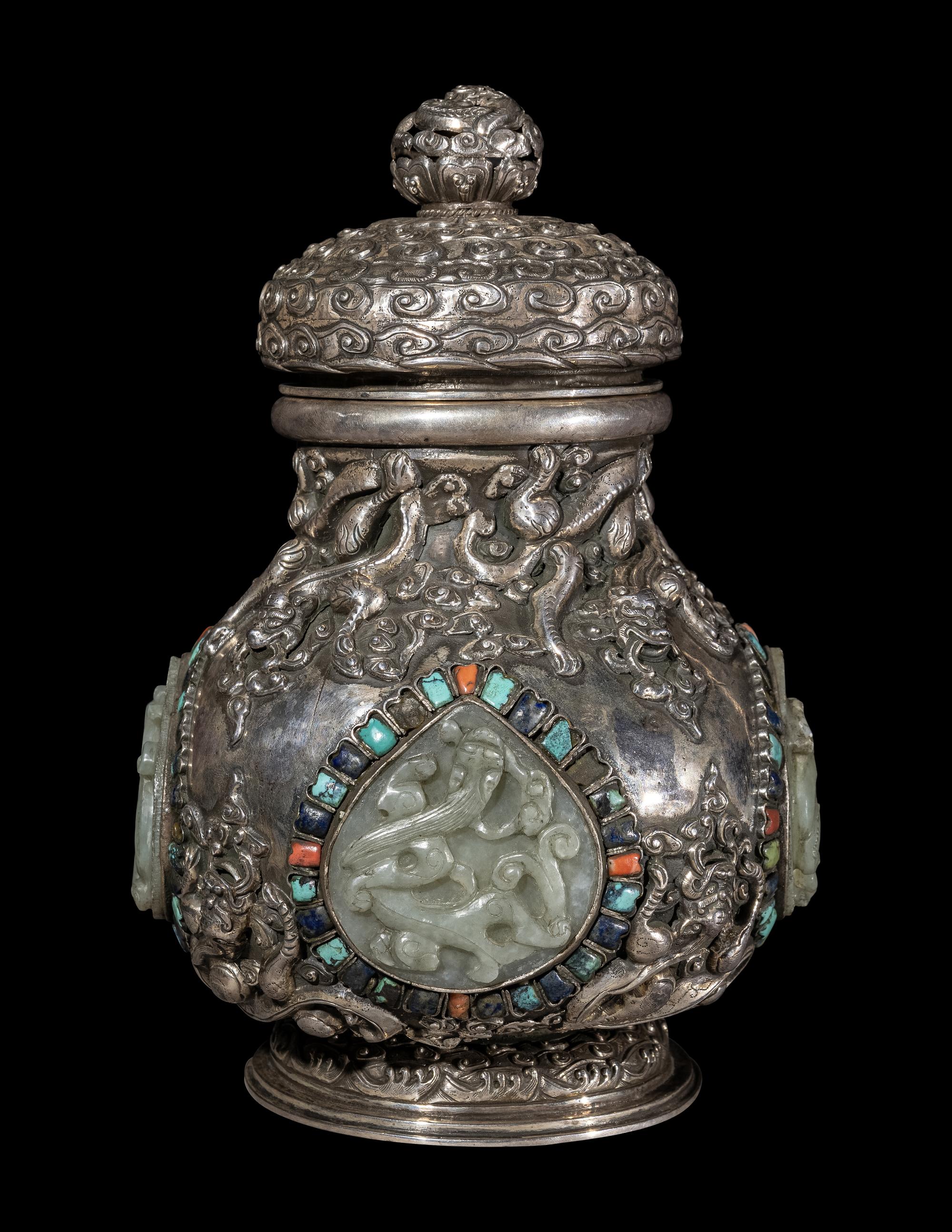 A Mongolian Jade and Hardstone Inset Silver Covered Hu Vessel