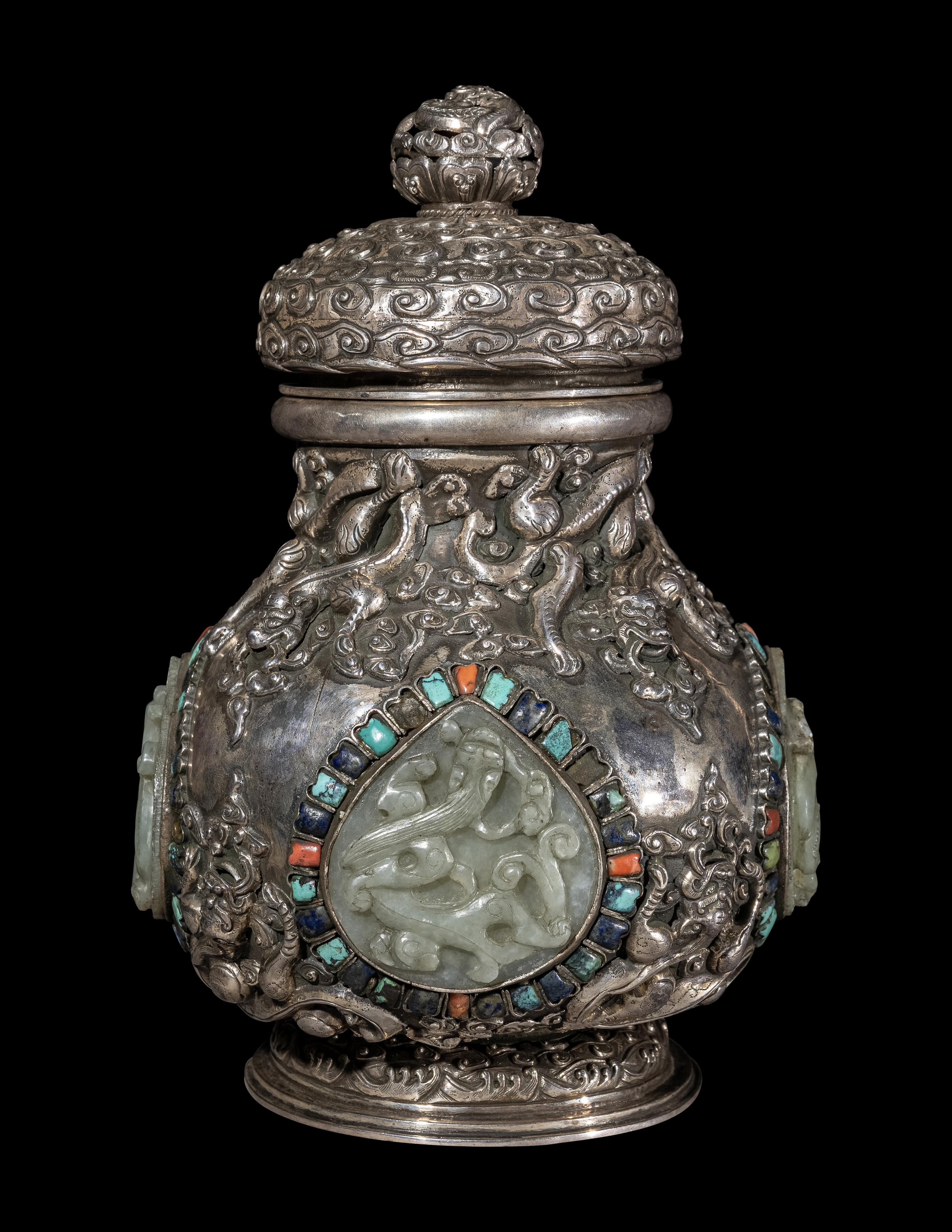 A Mongolian Jade and Hardstone Inset Silver Covered Hu Vessel