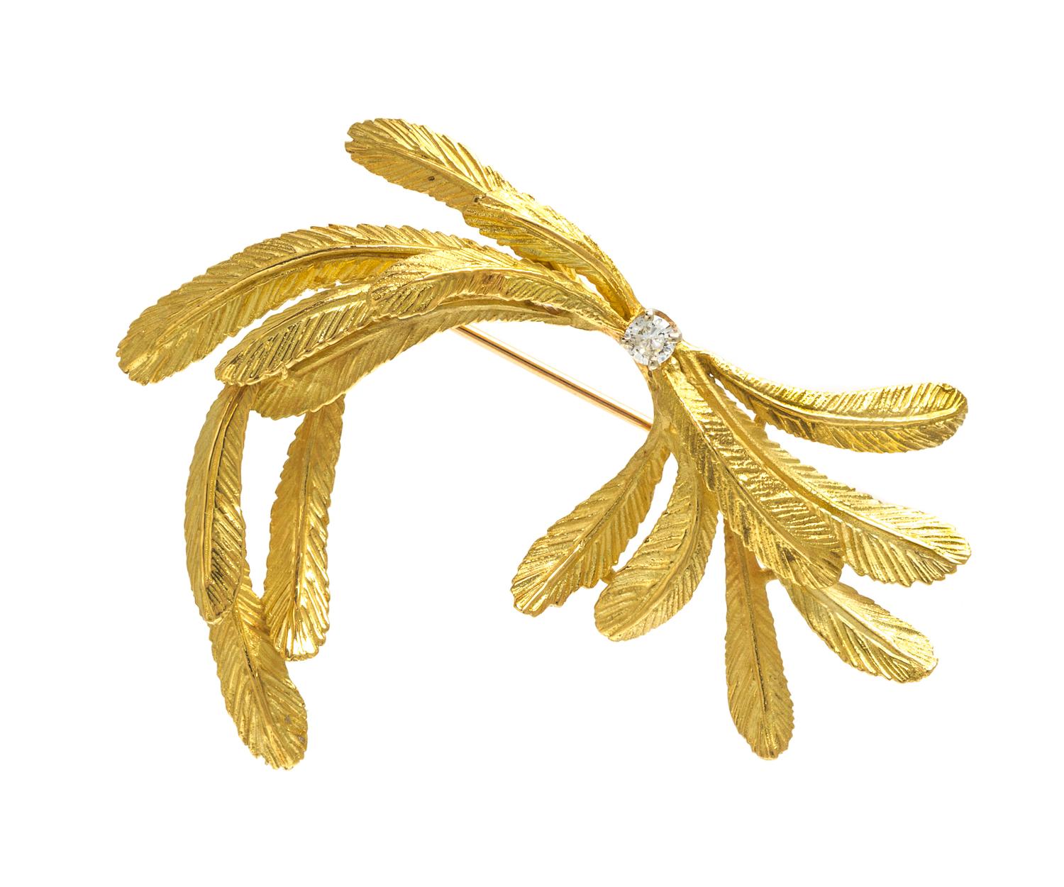 An 18 Karat Yellow Gold and Diamond Feather Motif Brooch, 8.10 dwts.