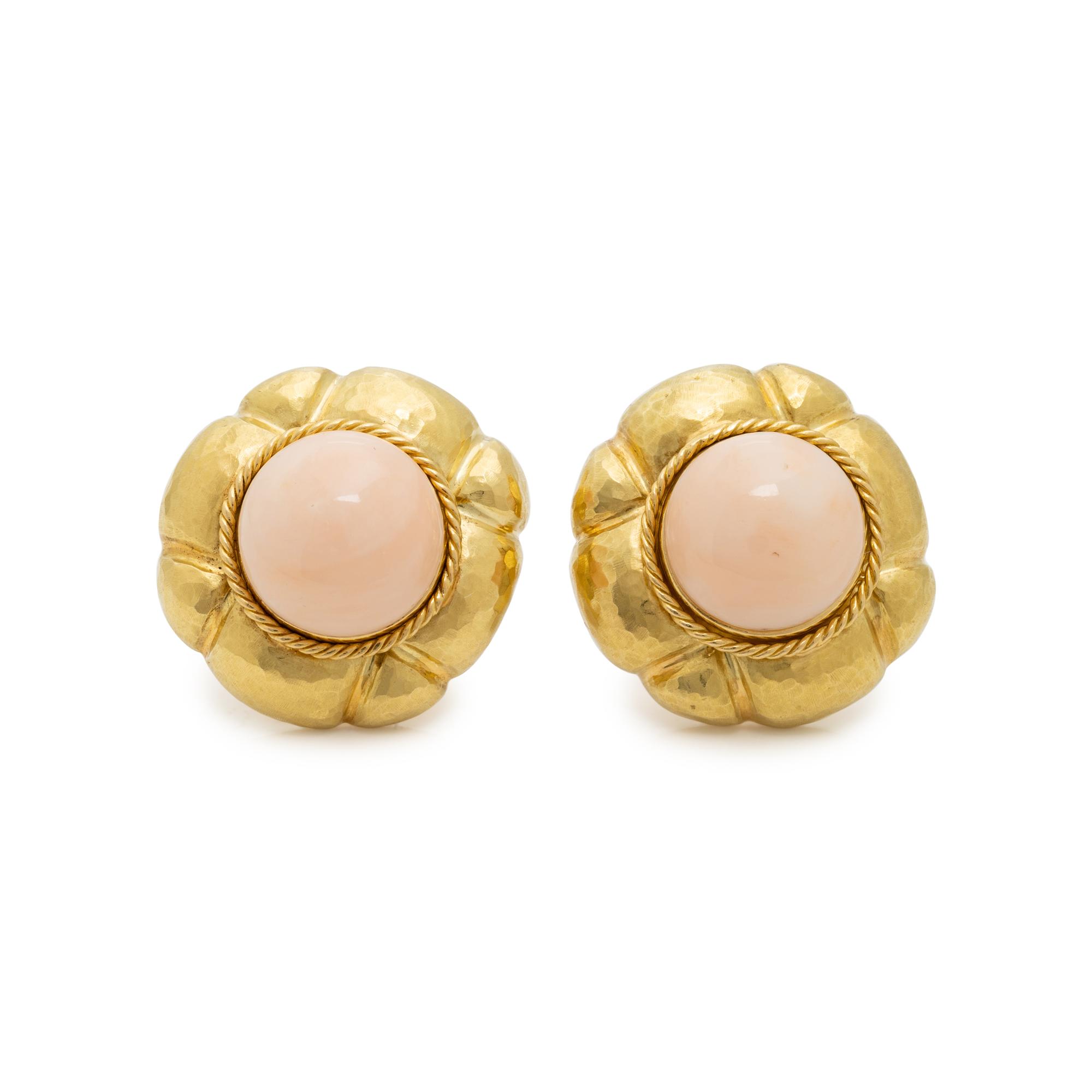 YELLOW GOLD AND ANGEL SKIN CORAL EARCLIPS