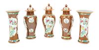 A Set of Five Chinese Export Cafe-au-Lait Ground Famille Rose Porcelain Garniture Height of tallest 11 inches. — 18TH CENTURY