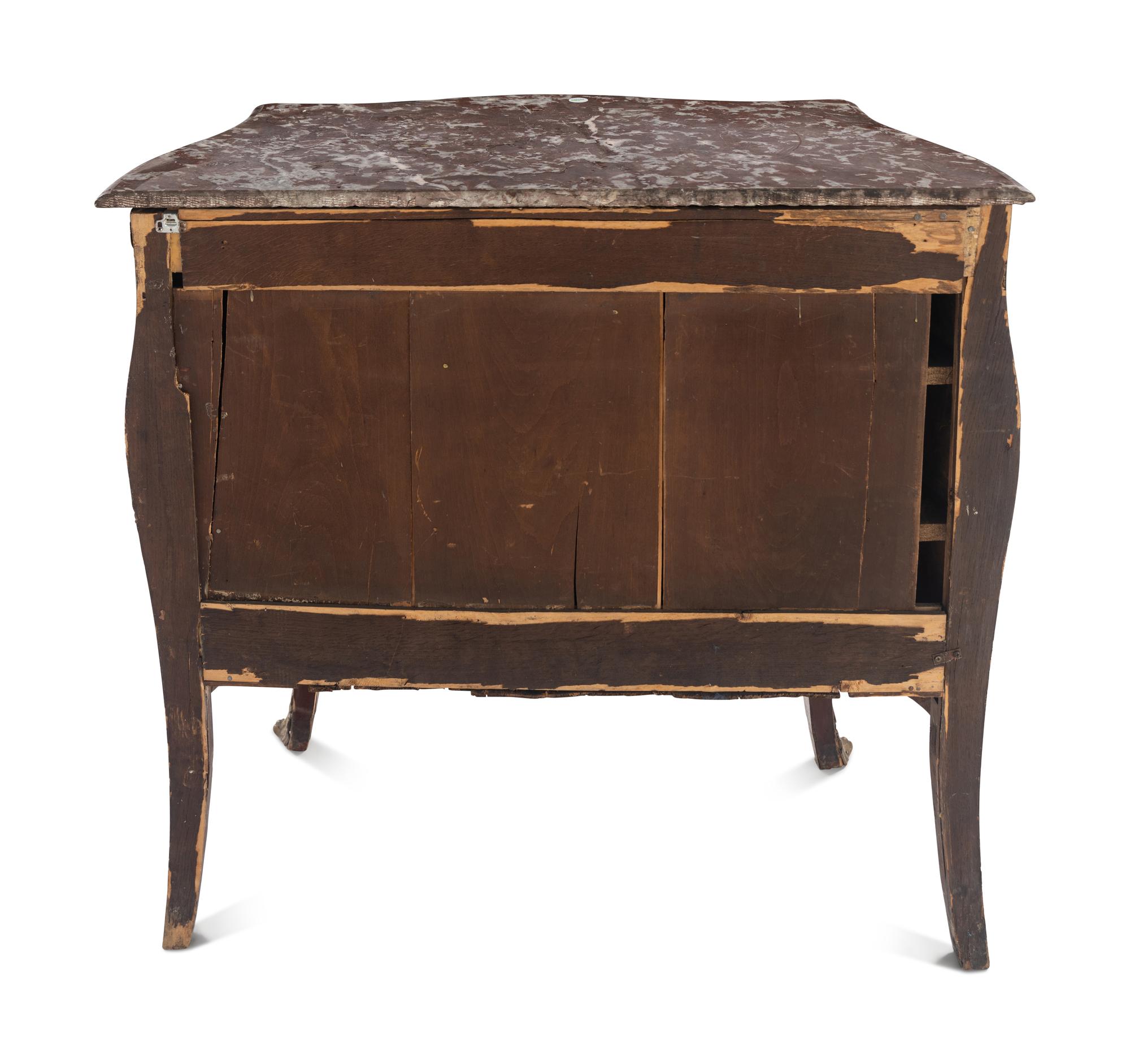 A Louis XV Style Gilt Bronze Mounted Marquetry Marble-Top Commode
