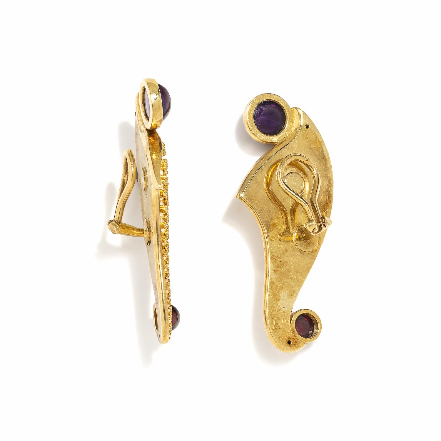 KENT RAIBLE, YELLOW GOLD, AMETHYST, AND GARNET EARRINGS
