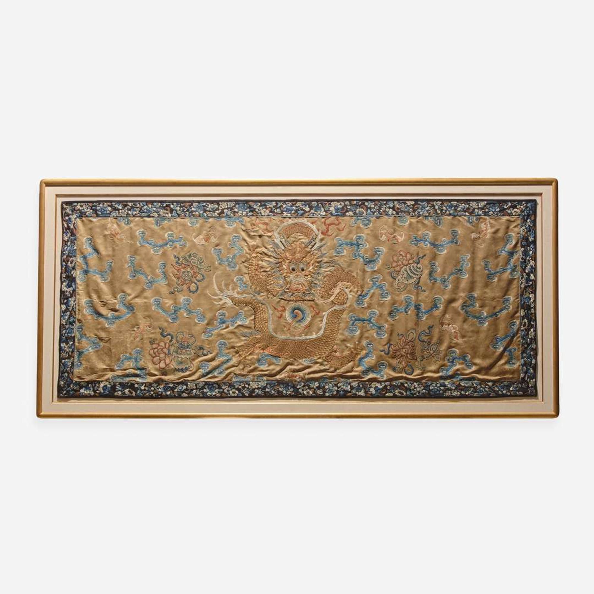 A Chinese silk and gold thread-embroidered "Dragon" panel 龙纹刺绣 Qing dynasty ?