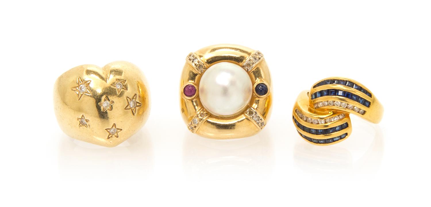 A Collection of Yellow Gold, Diamond, Sapphire, Ruby and Mabe Pearl Rings, 18.00 dwts.