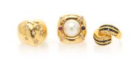A Collection of Yellow Gold, Diamond, Sapphire, Ruby and Mabe Pearl Rings, 18.00 dwts.