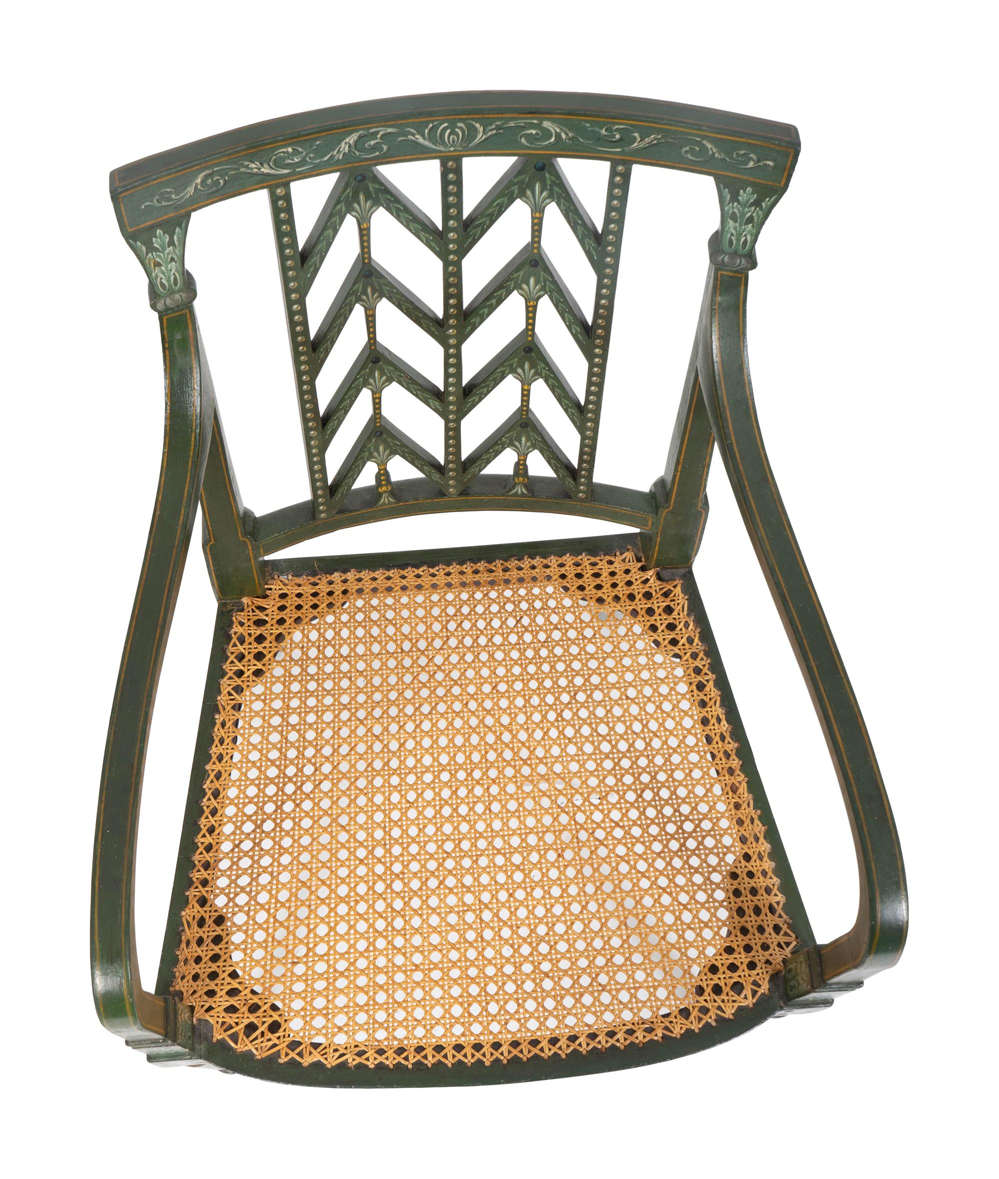 A Pair of Regency Green and Parcel Gilt Painted Cane Seat Armchairs — EARLY 19TH CENTURY