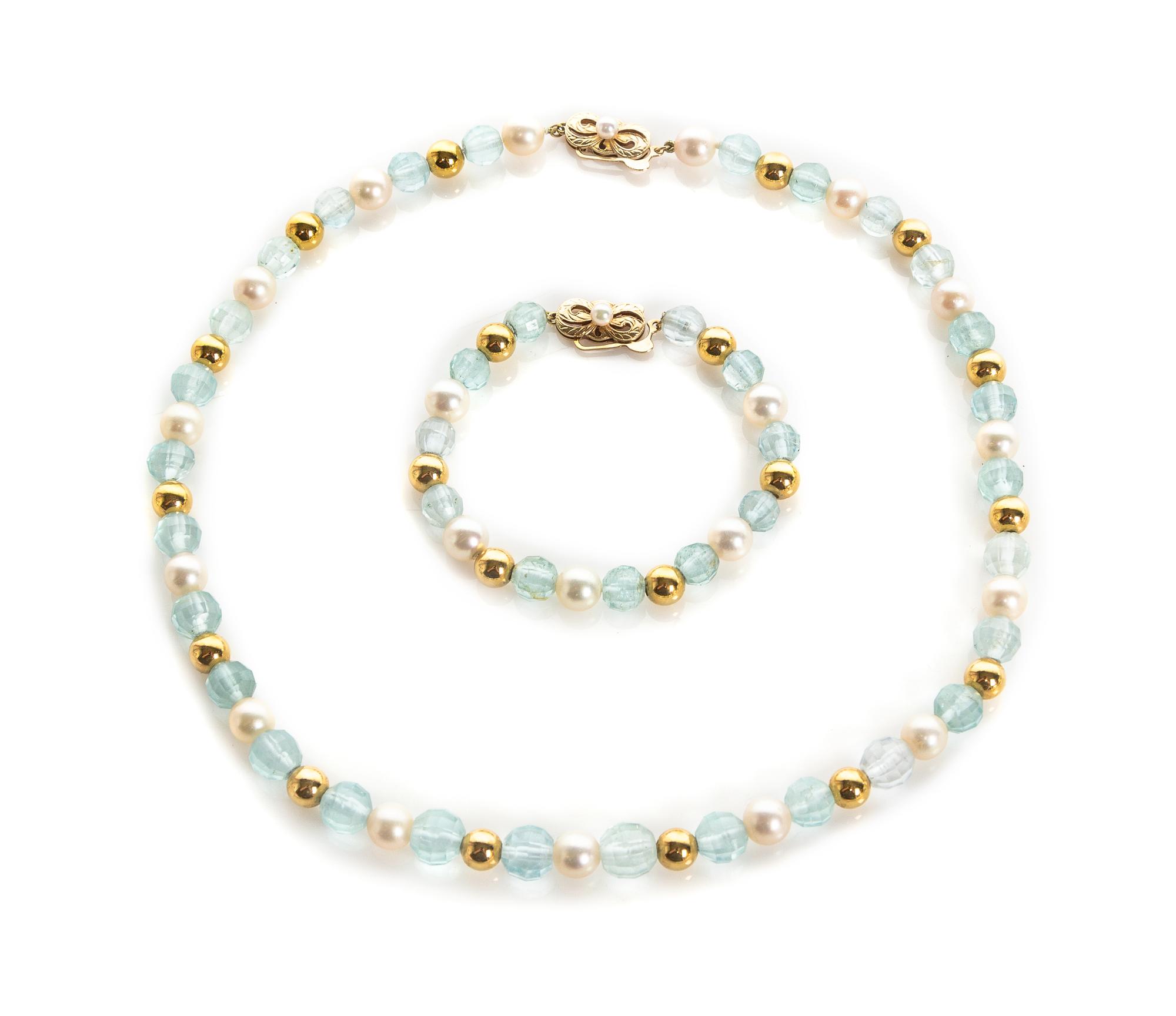 A 14 Karat Yellow Gold, Aquamarine and Cultured Pearl Bead Demi Parure, 34.80 dwts.