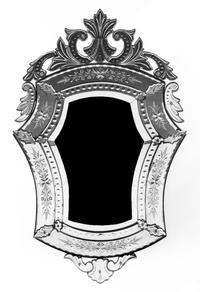 A Venetian Cut and Etched Glass Mirror, Height 46 3/4 x width 29 3/4 inches.