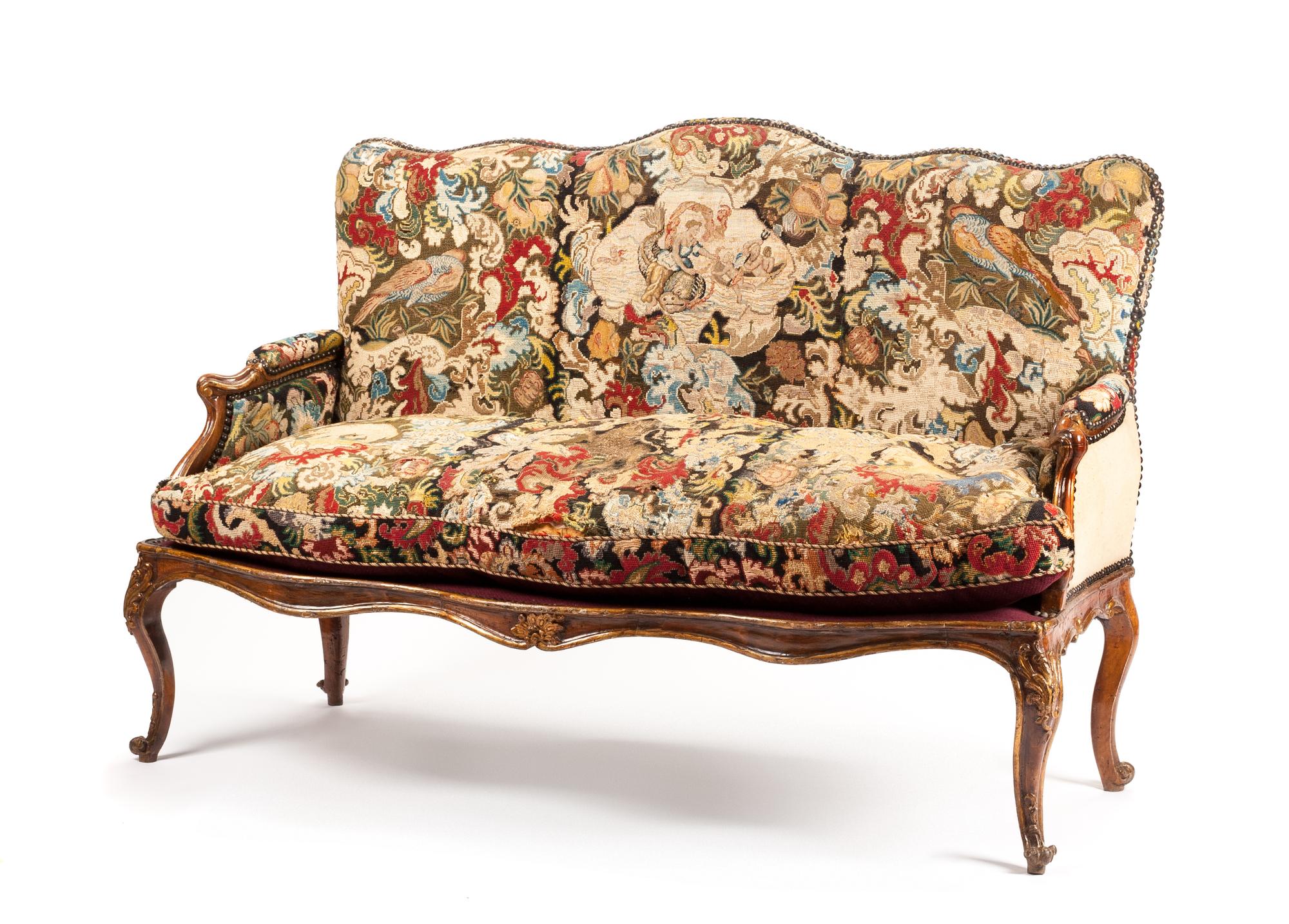 An Italian Painted and Parcel Gilt Settee Height 43 x width 61 x depth 32 inches. — 18TH CENTURY