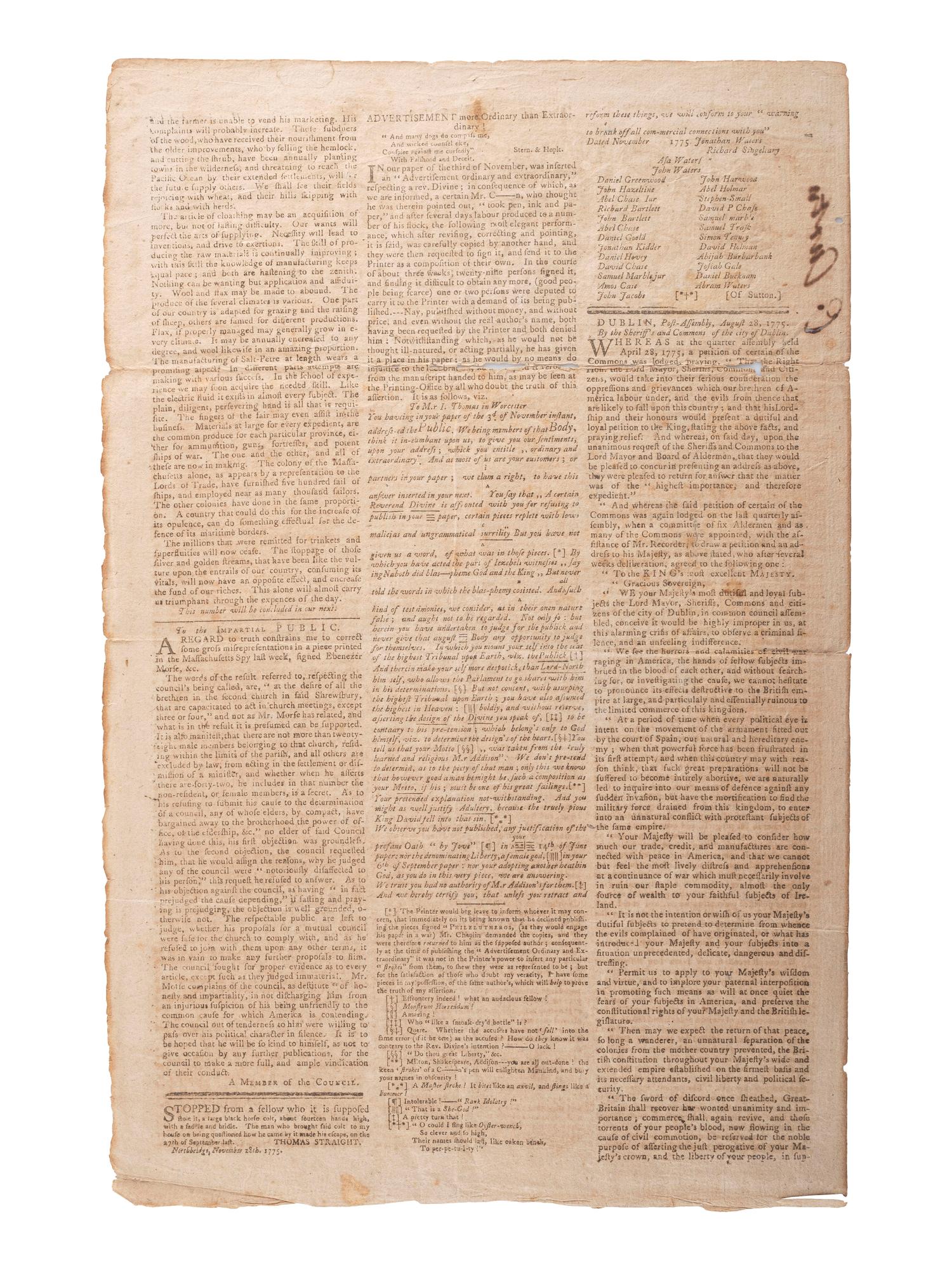 [REVOLUTIONARY WAR]. Thomas' Massachusetts Spy . Vol. V, No. 249. Worcester, MA, 1 December 1775.