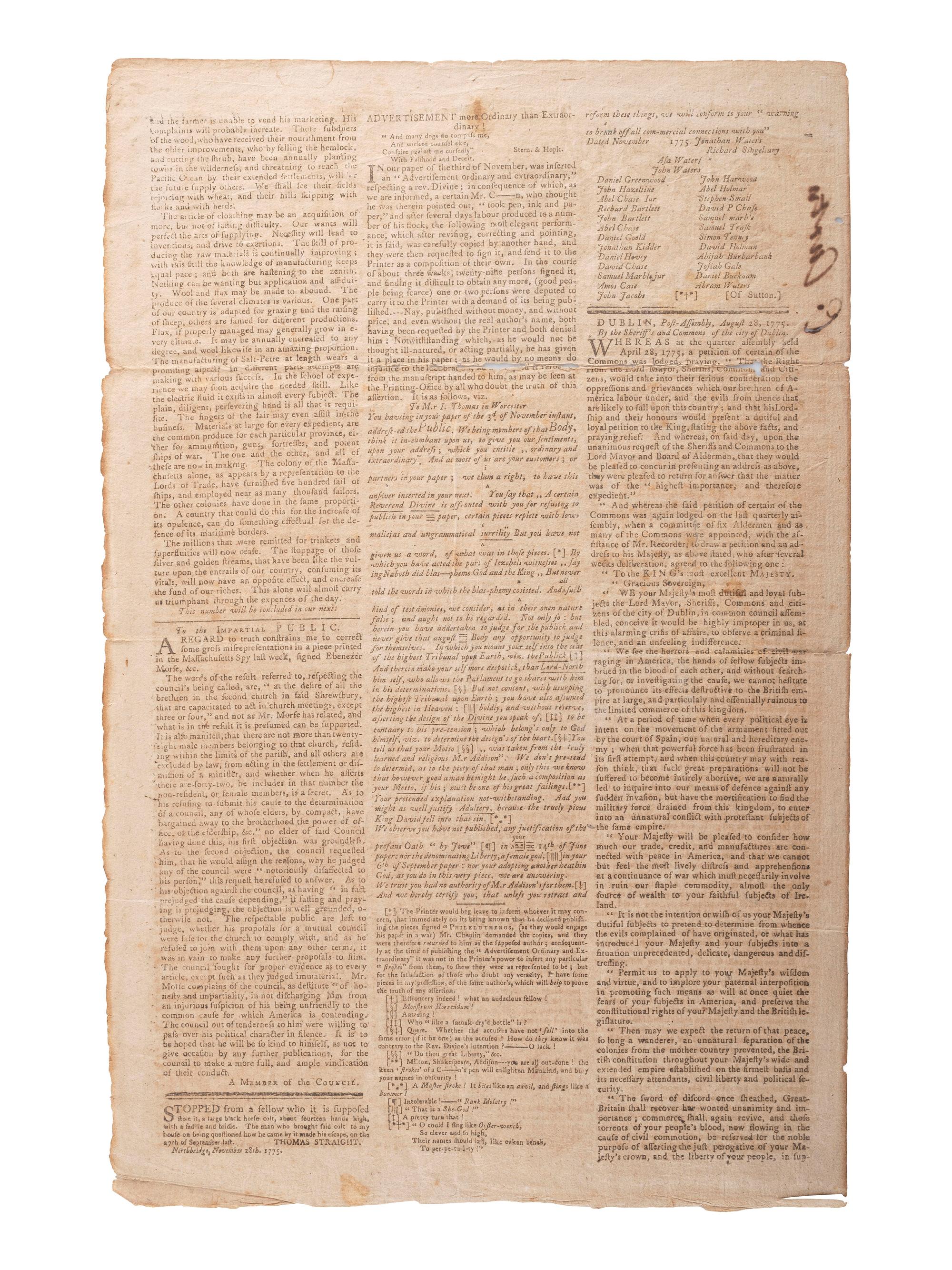 [REVOLUTIONARY WAR]. Thomas' Massachusetts Spy . Vol. V, No. 249. Worcester, MA, 1 December 1775.