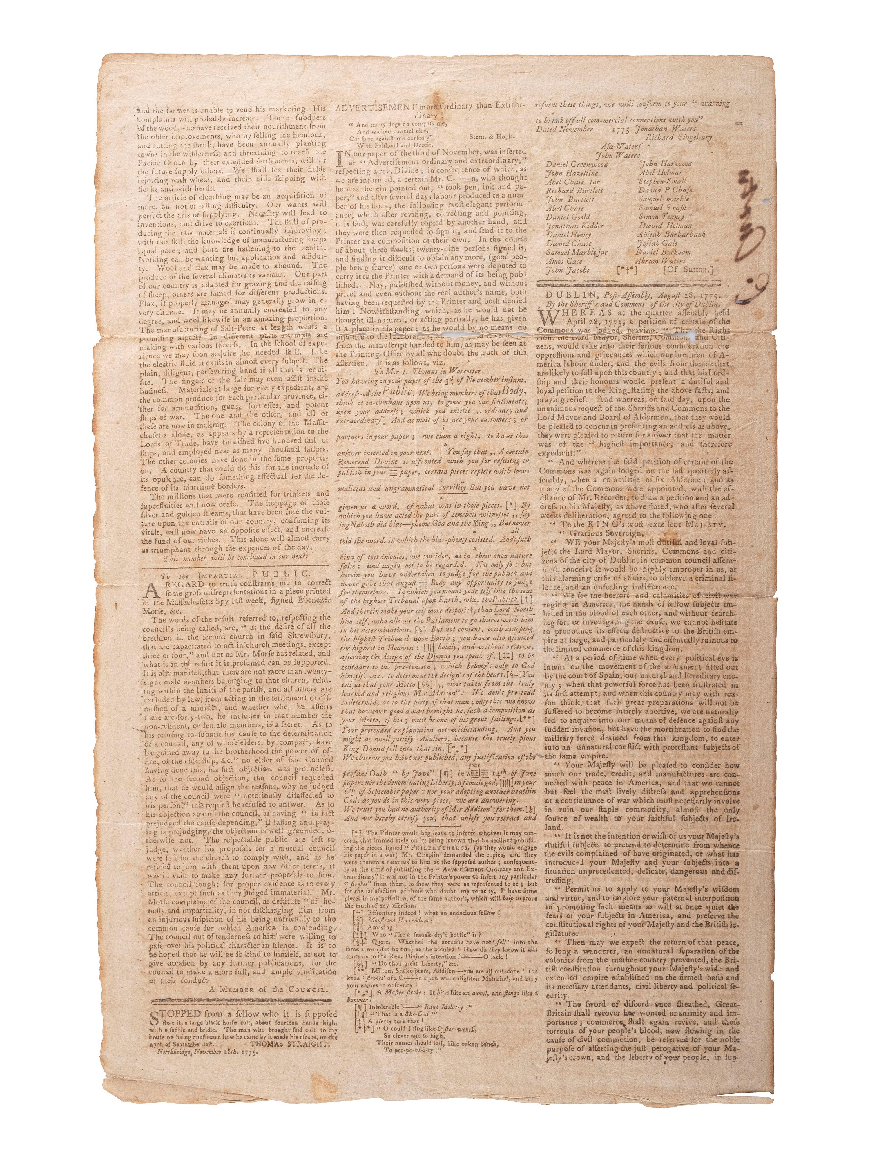 [REVOLUTIONARY WAR]. Thomas' Massachusetts Spy . Vol. V, No. 249. Worcester, MA, 1 December 1775.