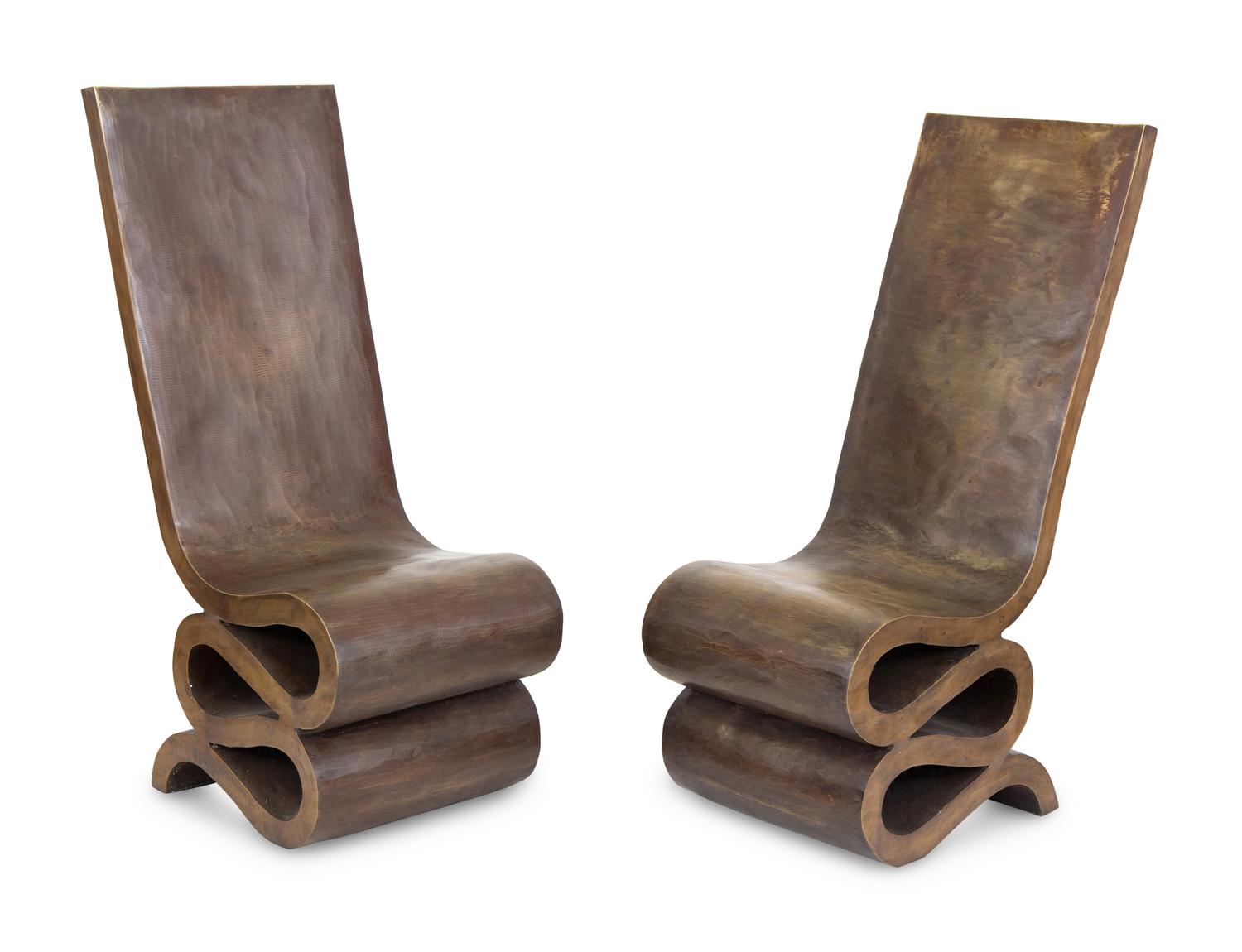 A Pair of Bronze Side Chairs After a Design by Frank Gehry