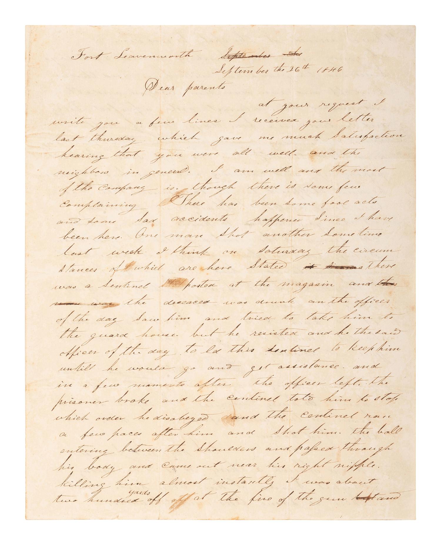 [MILITARIA]. 2 soldier's letters from Fort Leavenworth, each incl. Fort Leavenworth postmark.