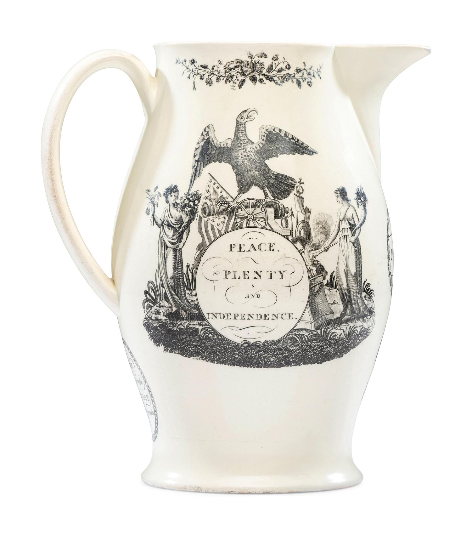 A Liverpool Transfer-Printed Creamware 'Peace, Plenty, and Independence / George Washington' Pitcher