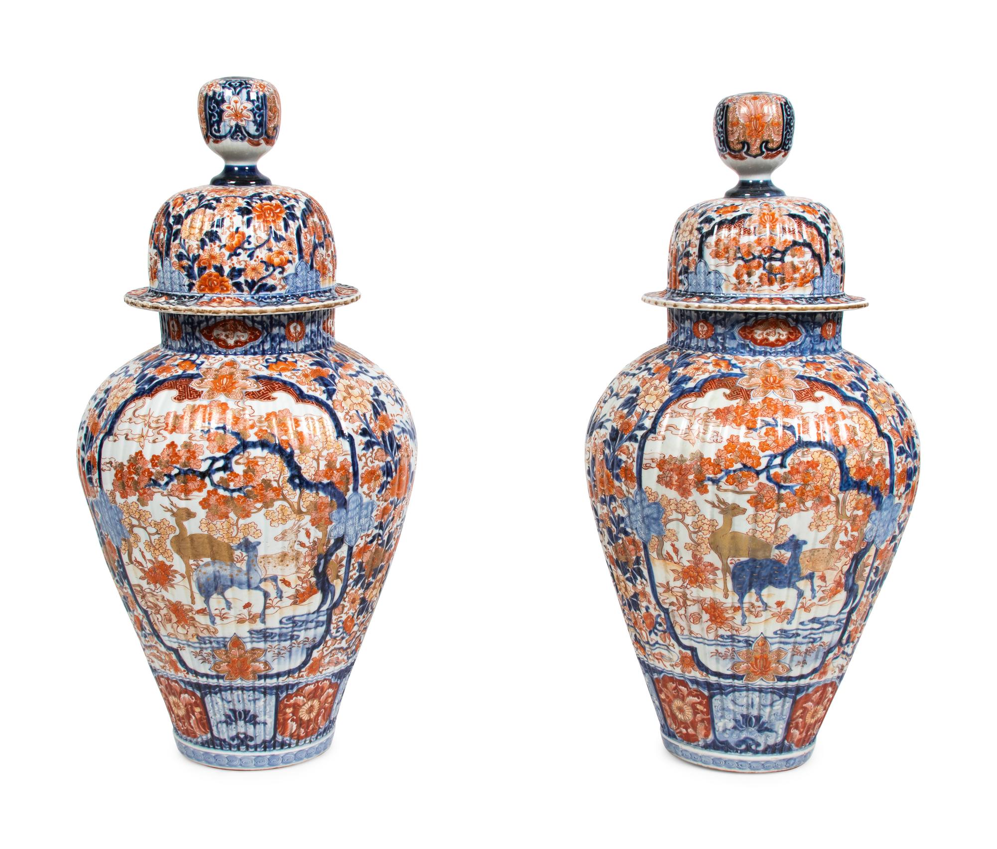 A Pair of Large Japanese Imari Porcelain Covered Jars