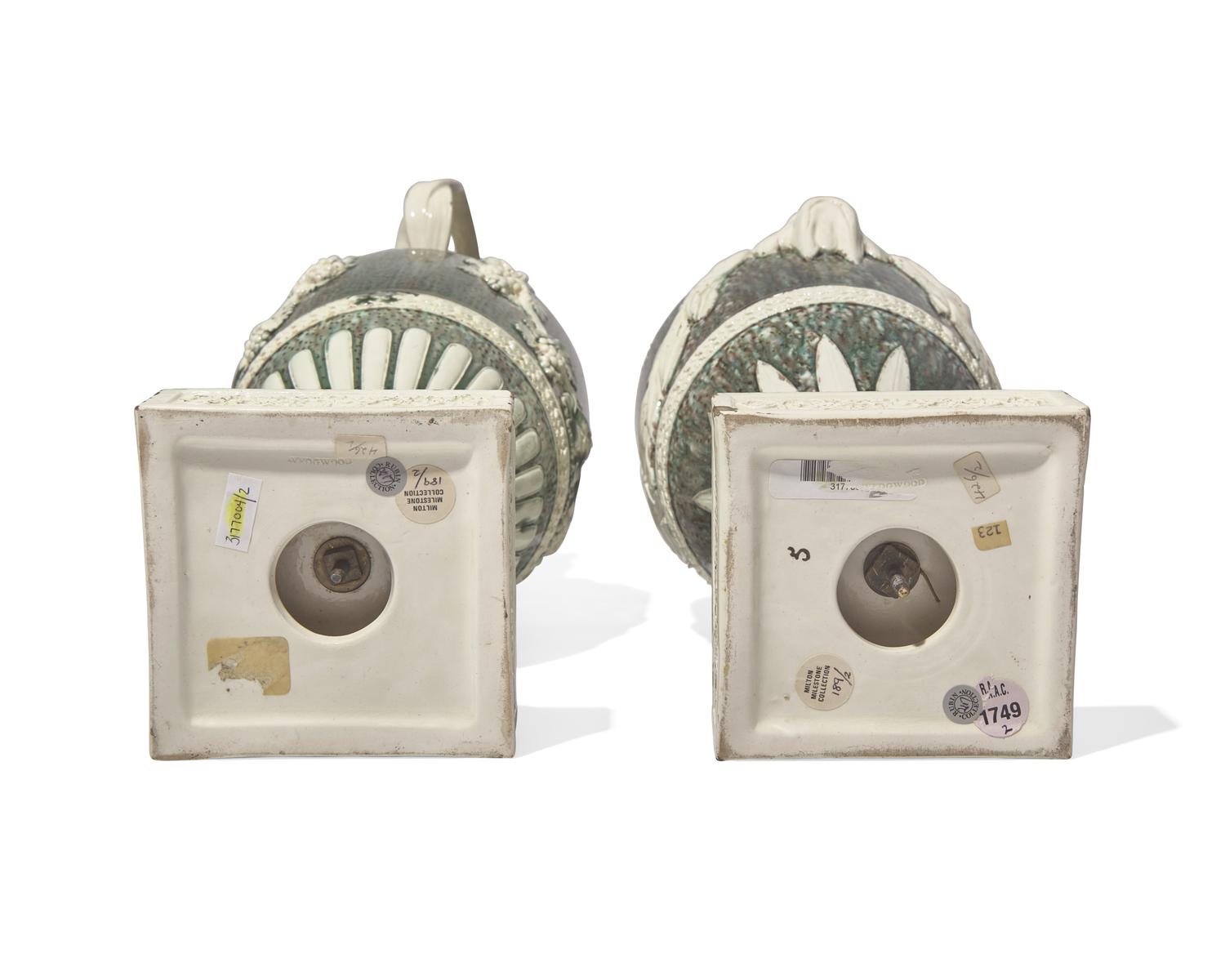 A Pair of Wedgwood Tin-Glazed Earthenware Bacchic Wine Ewers
