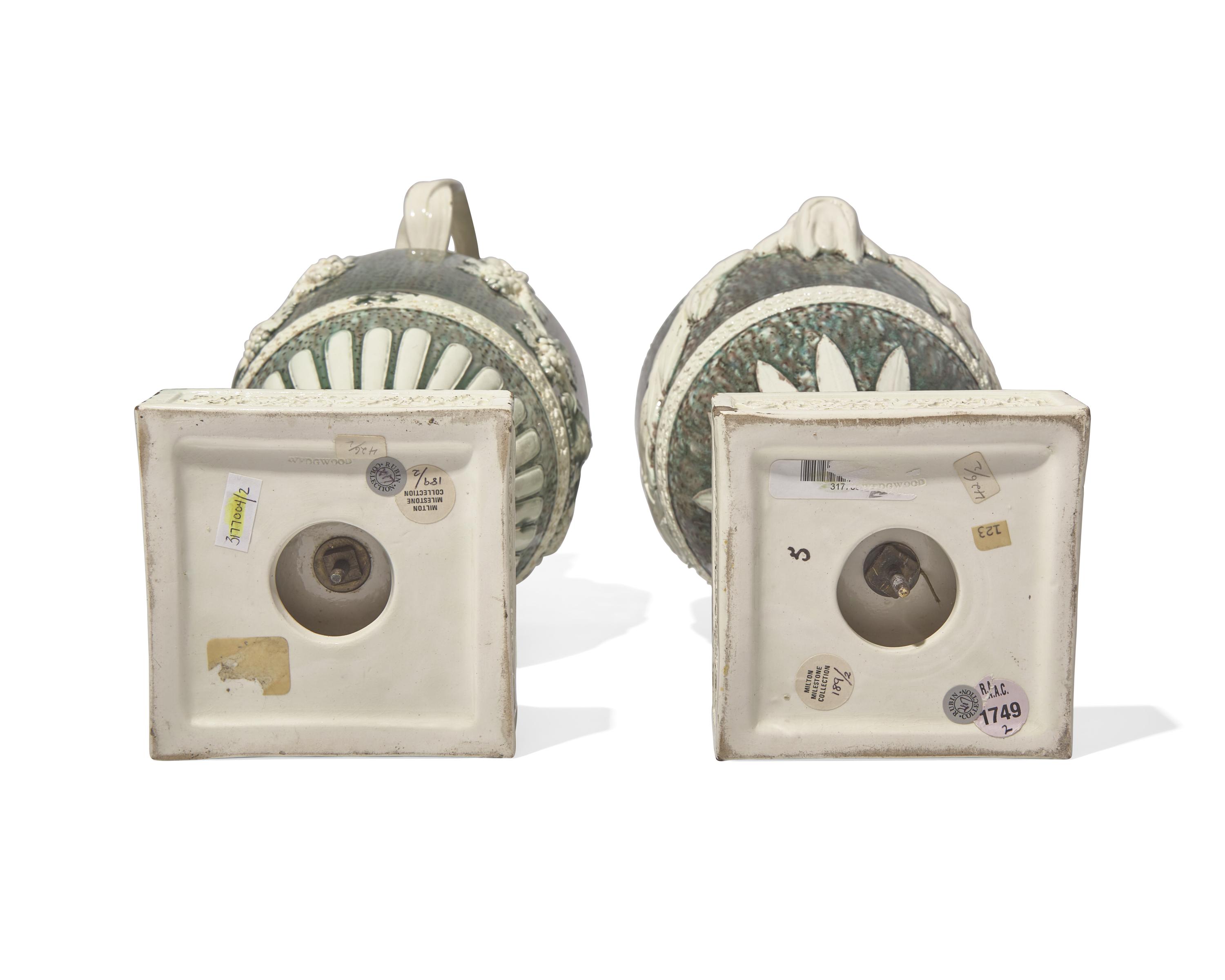 A Pair of Wedgwood Tin-Glazed Earthenware Bacchic Wine Ewers