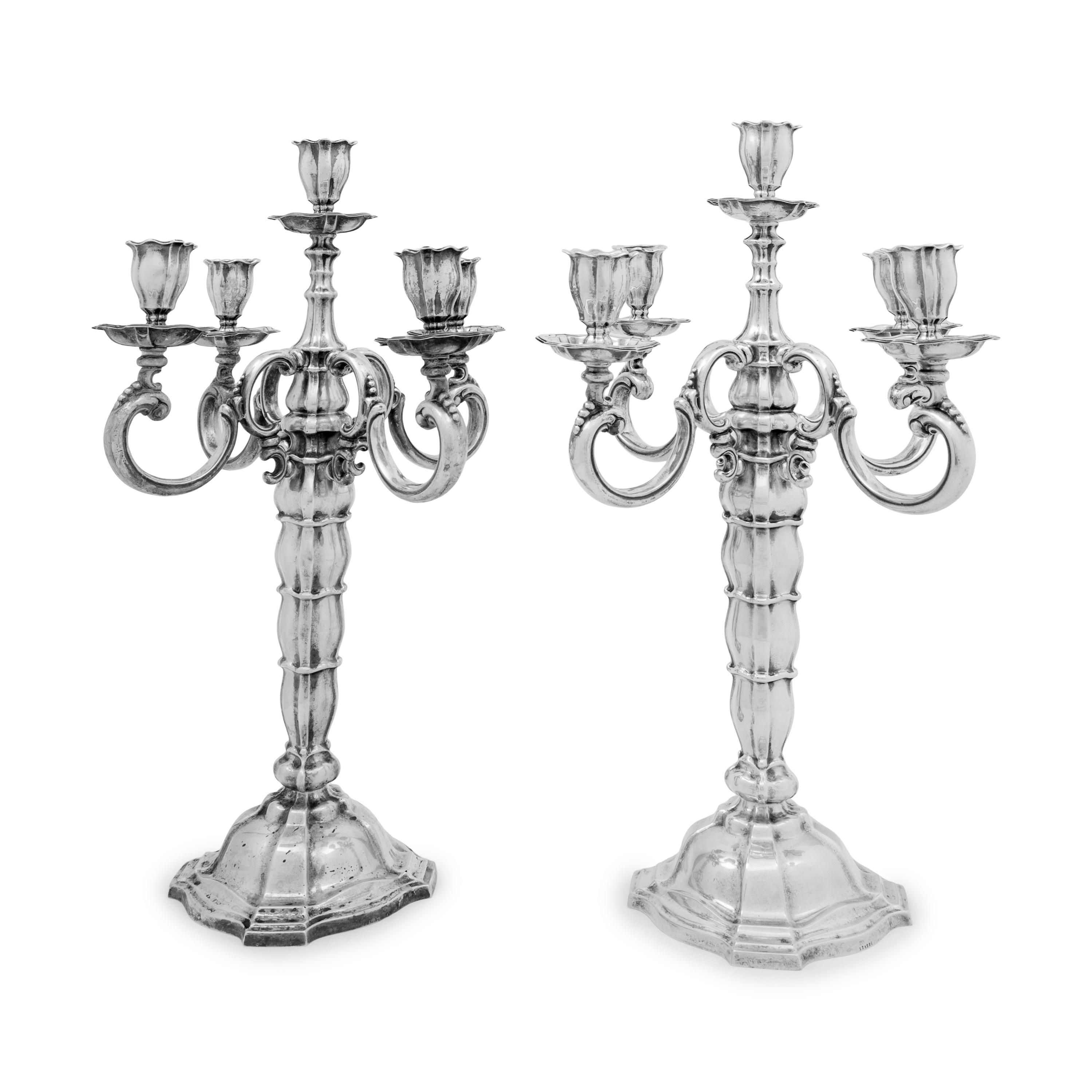 A Pair of German Silver Five-Light Candelabra
