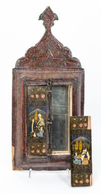 A Persian Polychrome Wedding Mirror Height 19 3/4 inches.