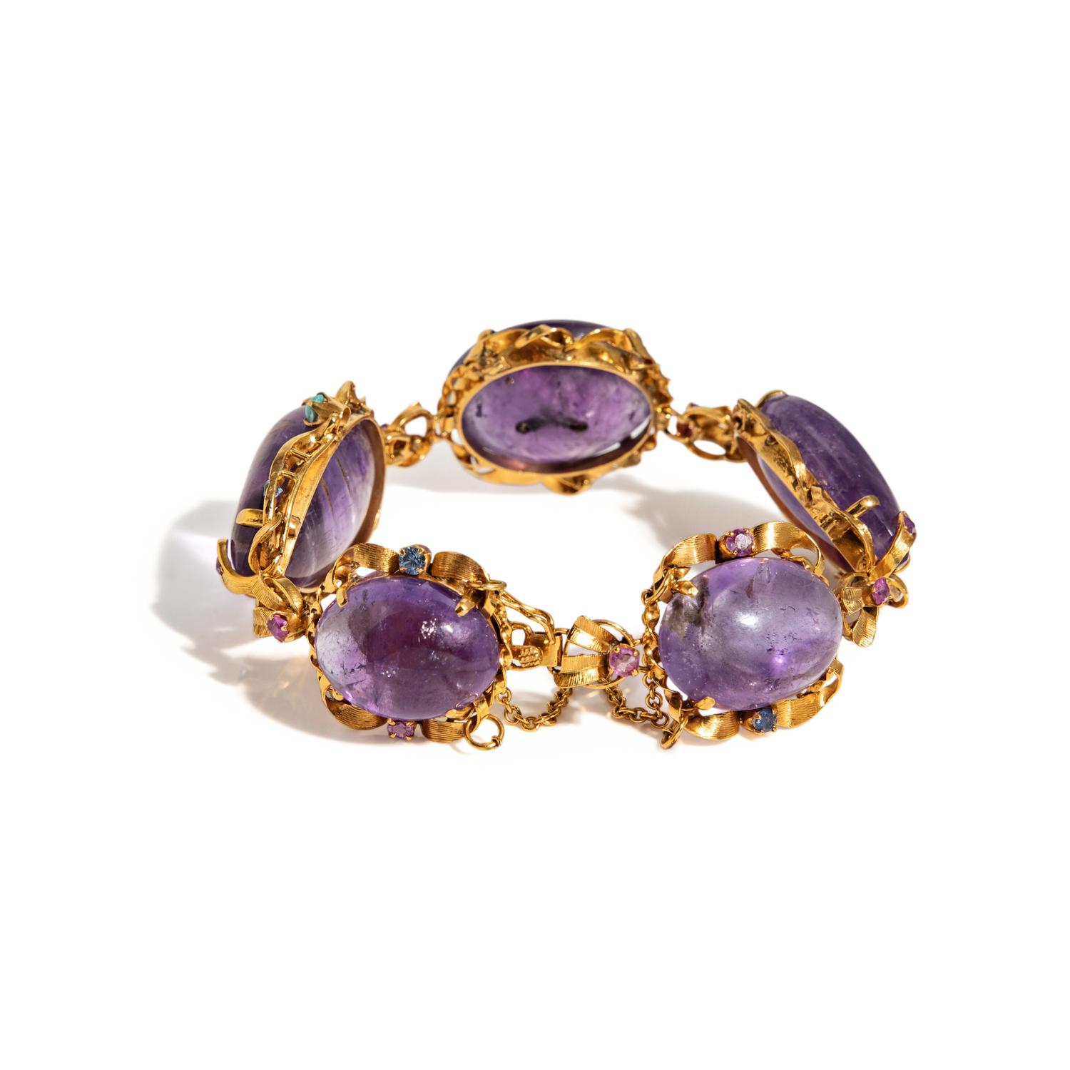 AMETHYST, MULTIGEM, AND YELLOW GOLD BRACELET