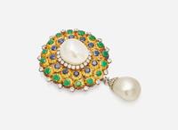 A 14K Yellow Gold, Baroque Pearl, and Gemstone Pendant, Cultured Saltwater Pearl, GIA Certified