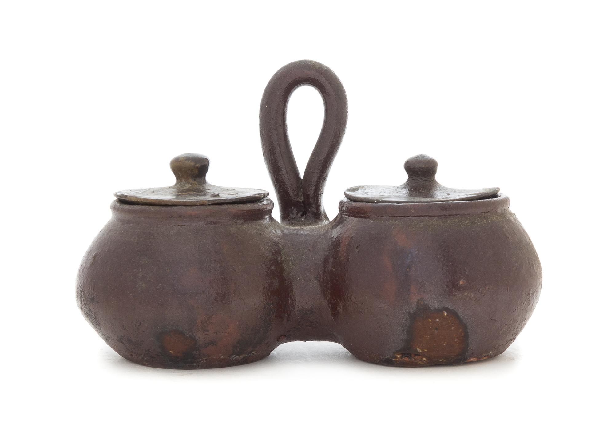 A Brown Glazed Pottery Double Jar Width 8 1/2 inches.