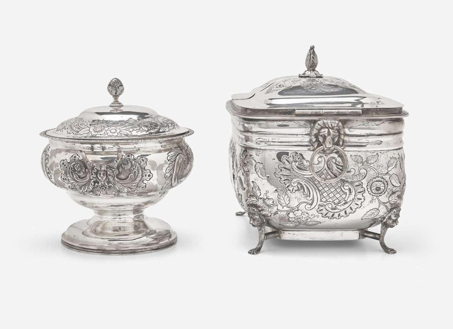 A silver biscuit box and covered sugar dish, Ball, Tompkins & Black (active 1839-1851), New York, NY, and Samuel Kirk (founded 1815), Baltimore, MD, circa 1828-1851