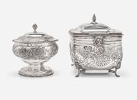 A silver biscuit box and covered sugar dish, Ball, Tompkins & Black (active 1839-1851), New York, NY, and Samuel Kirk (founded 1815), Baltimore, MD, circa 1828-1851
