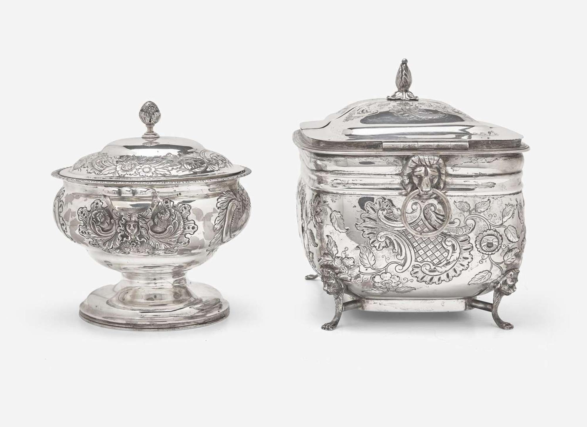 A silver biscuit box and covered sugar dish, Ball, Tompkins & Black (active 1839-1851), New York, NY, and Samuel Kirk (founded 1815), Baltimore, MD, circa 1828-1851