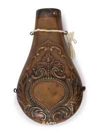 A Chinese Brass Silk Iron, Two Gunpowder Flasks and a Horn Vessel