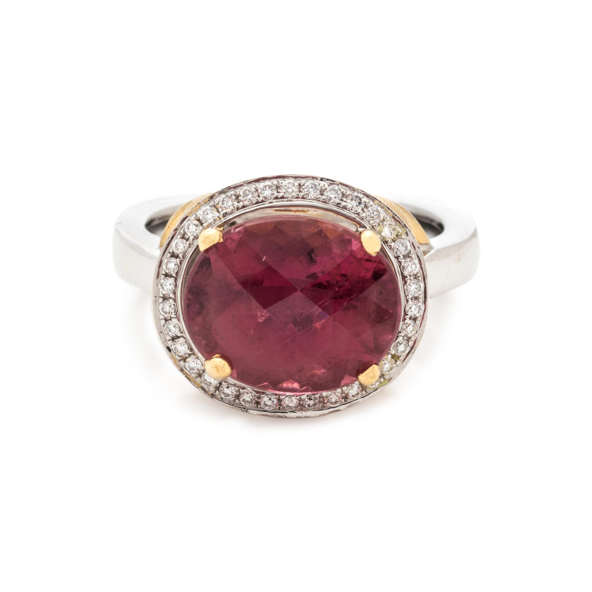 PINK TOURMALINE, DIAMOND AND YELLOW SAPPHIRE RING