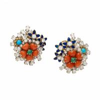 BICOLOR GOLD, DIAMOND, AND MULTIGEM FLOWER EARRINGS
