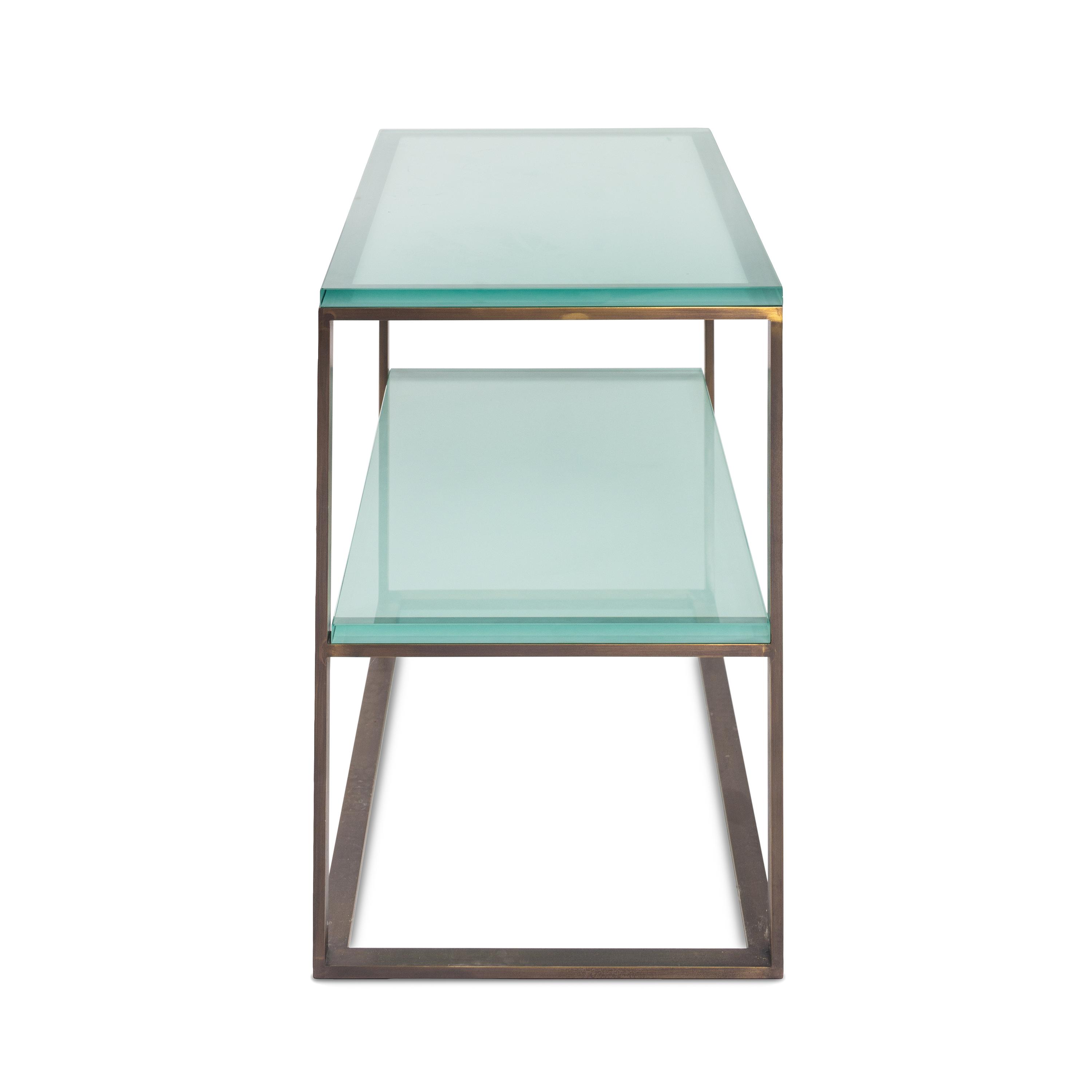 A Pair of Brass and Frosted Glass End Tables