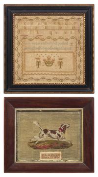 A Needlework Sampler and a Needlepoint Picture of a Hound