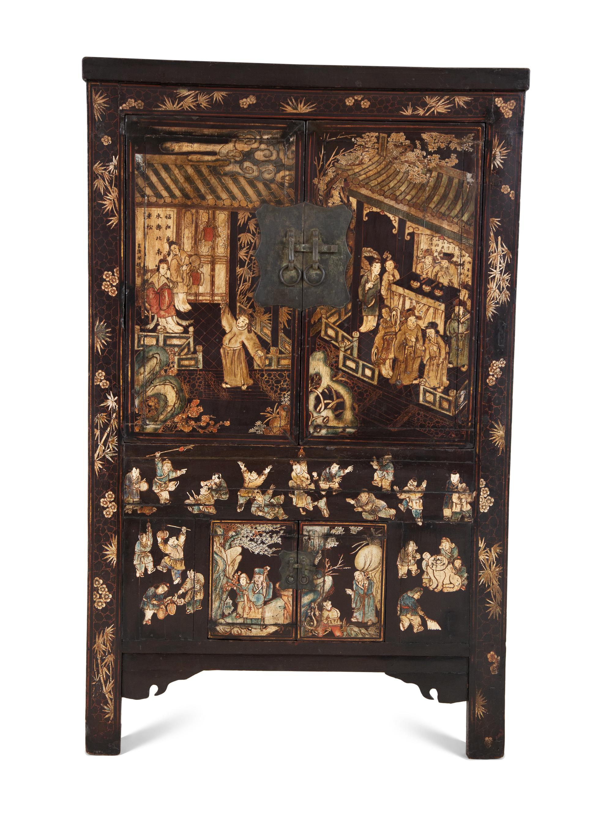 A Chinese Black Lacquer and Polychrome Scholar's Cabinet