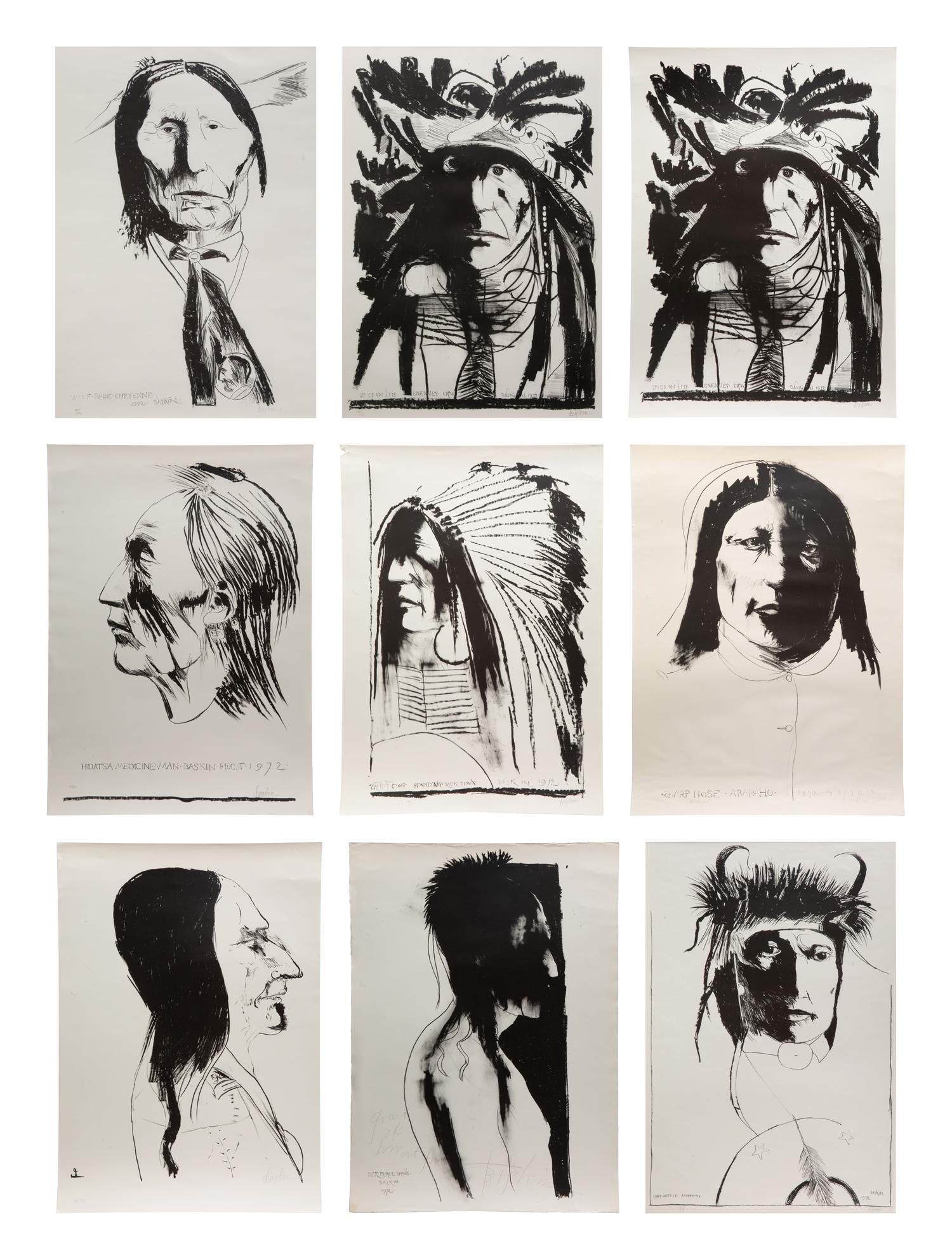 A Group of 9 Works: Chief Wets It; Hidatsa Medicine Man; Sharp Nose; Sitting Bull, Spies on His Enemies; Swift Dog; Wlf Robe; Nez Perce; Spies on His Enemies , each edition of 160