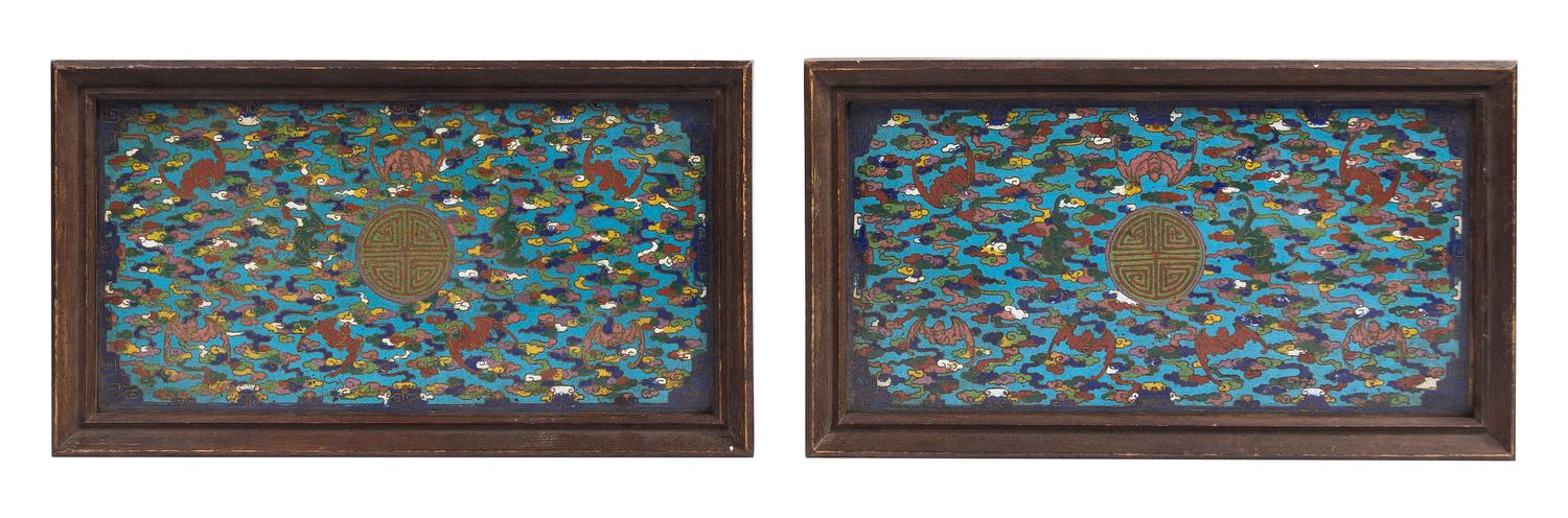A Pair of Chinese Cloisonne Plaques 18TH CENTURY Height overall 8 1/2 x width 15 inches. — 18TH CENTURY