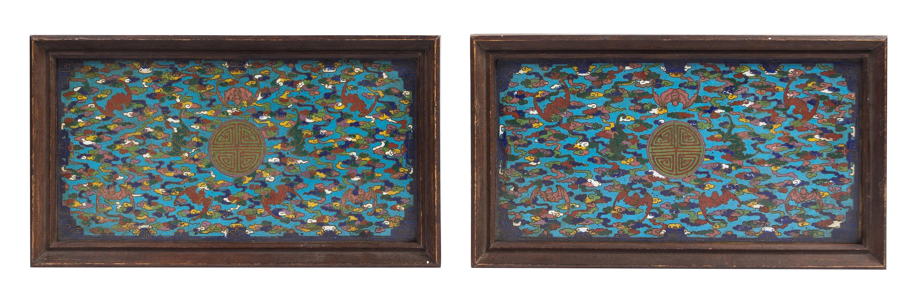 A Pair of Chinese Cloisonne Plaques 18TH CENTURY Height overall 8 1/2 x width 15 inches. — 18TH CENTURY
