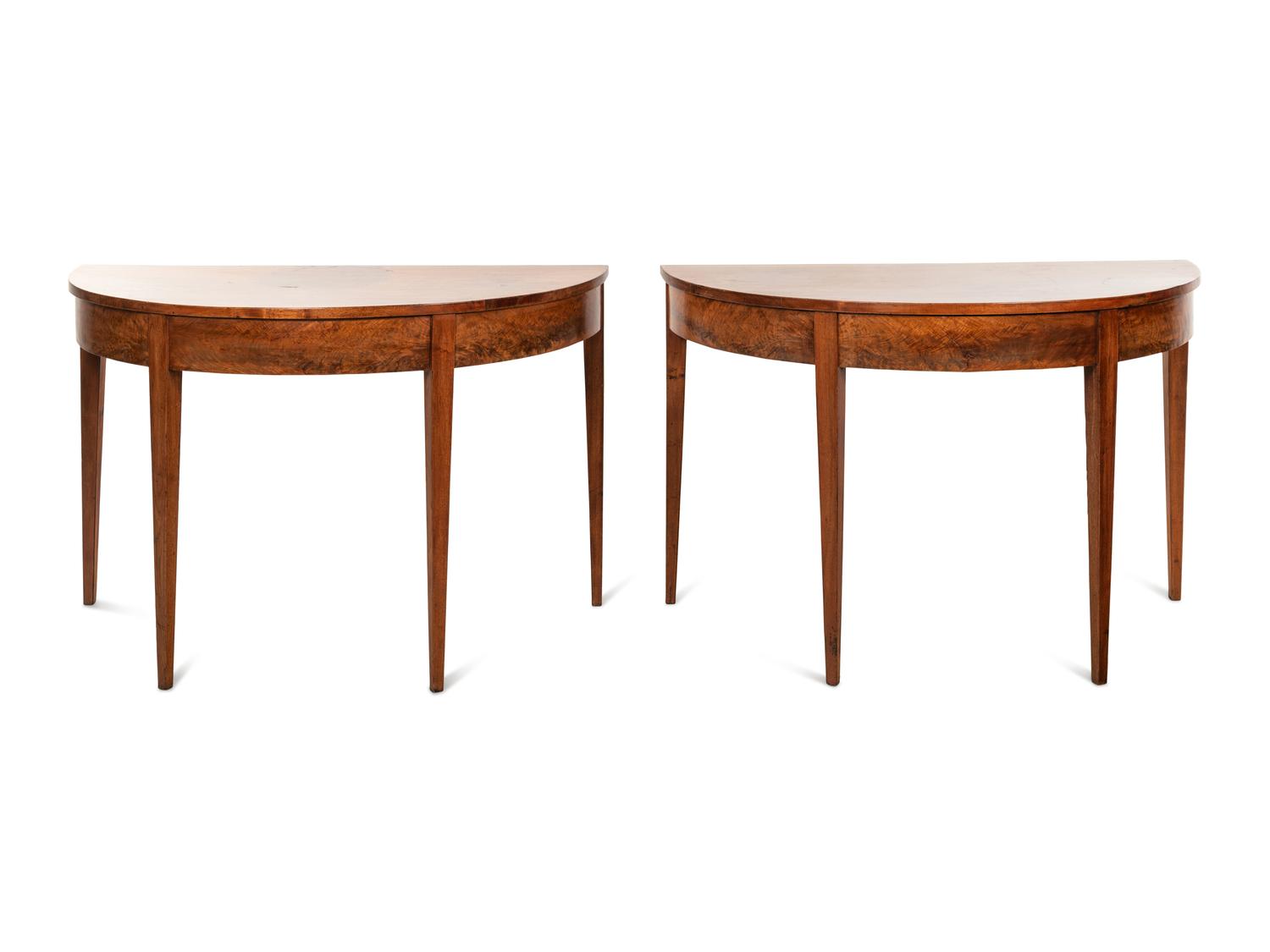 A Pair of George III Walnut Veneer Demilune Console Tables