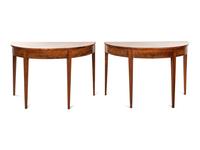 A Pair of George III Walnut Veneer Demilune Console Tables